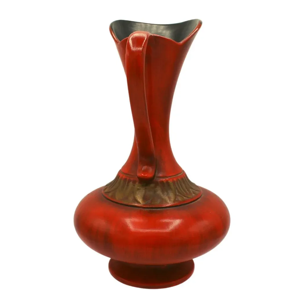 Vintage Haeger Pottery Red Matte Grecian Ewer Pitcher Gold Accents Mid Century